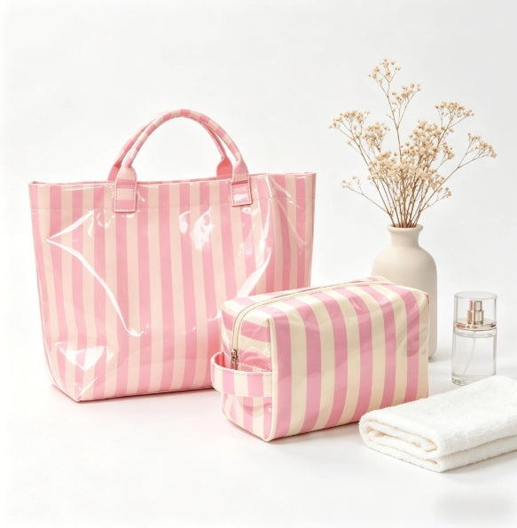 2pcs/Set Striped Tote & Cosmetic Bag Combo