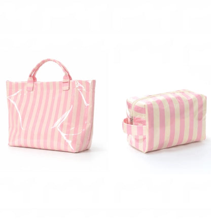 2pcs/Set Striped Tote & Cosmetic Bag Combo