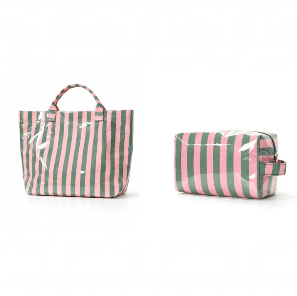 2pcs/Set Striped Tote & Cosmetic Bag Combo