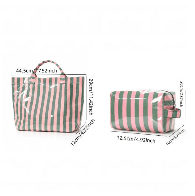2pcs/Set Striped Tote & Cosmetic Bag Combo