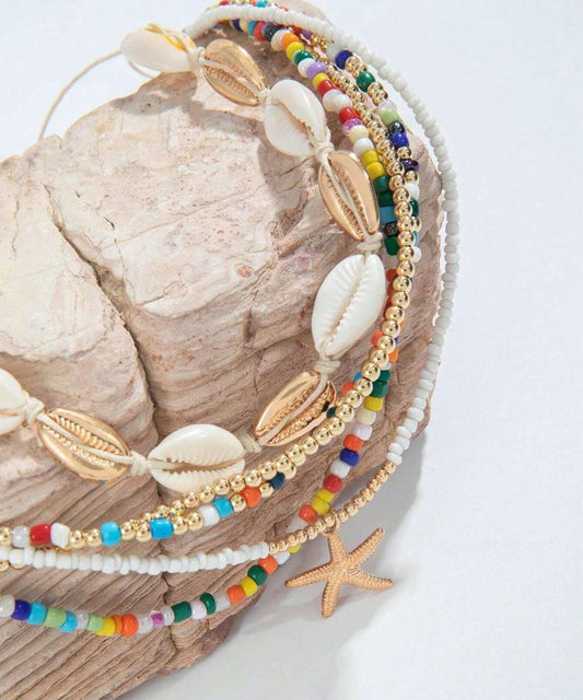 5pcs/Set Boho Beach Style Handmade Braided Beaded with Shell and Starfish Pendant Necklace.