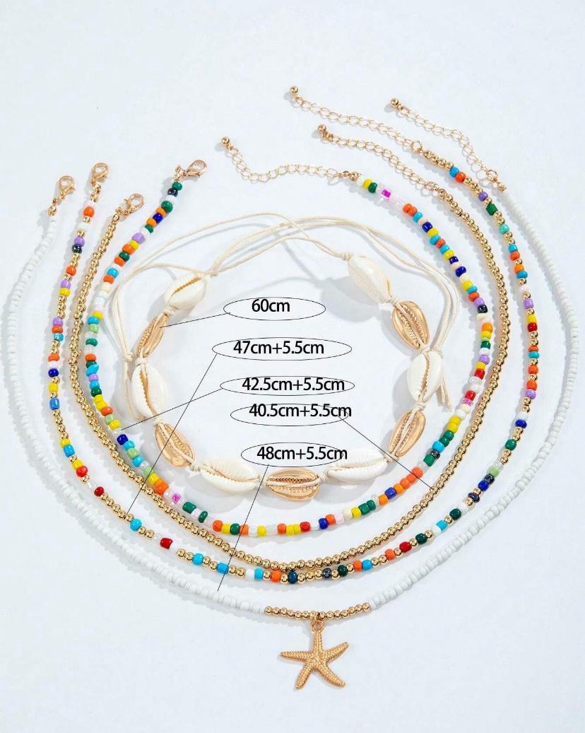 5pcs/Set Boho Beach Style Handmade Braided Beaded with Shell and Starfish Pendant Necklace.