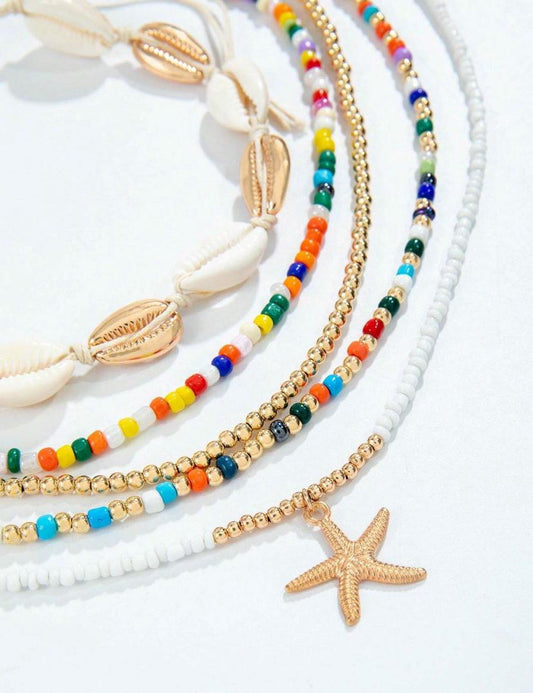 5pcs/Set Boho Beach Style Handmade Braided Beaded with Shell and Starfish Pendant Necklace.