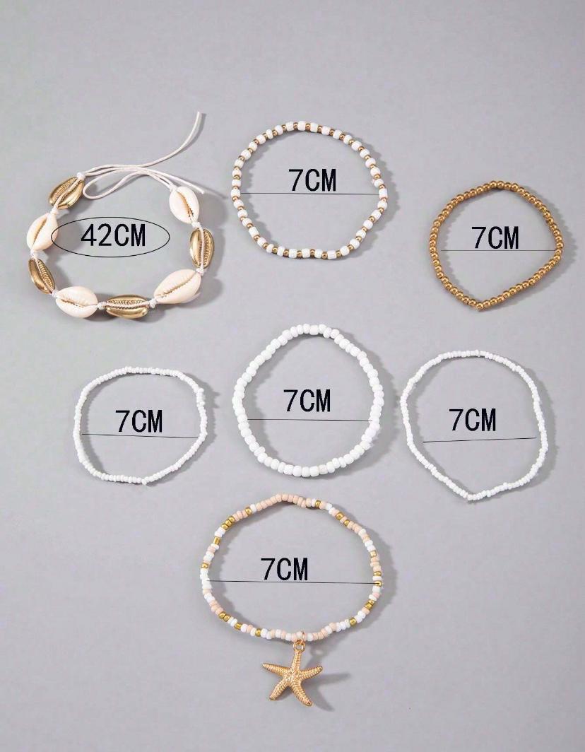 7pcs/set Simple Alloy Beaded Starfish Braided Shell Rope Anklets