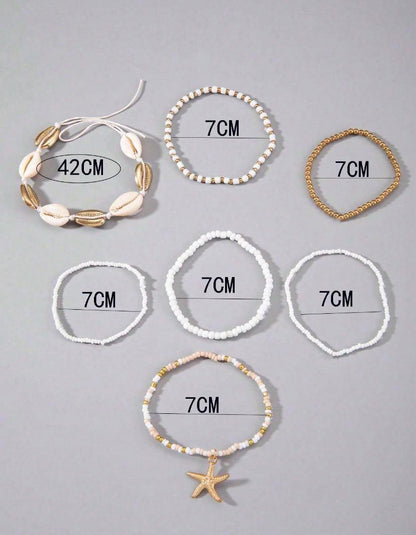 7pcs/set Simple Alloy Beaded Starfish Braided Shell Rope Anklets