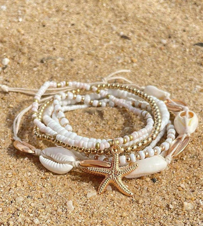 7pcs/set Simple Alloy Beaded Starfish Braided Shell Rope Anklets