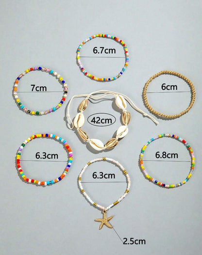 7pcs/set Simple Alloy Beaded Starfish Braided Shell Rope Anklets
