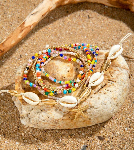 7pcs/set Simple Alloy Beaded Starfish Braided Shell Rope Anklets