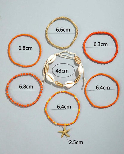 7pcs/set Simple Alloy Beaded Starfish Braided Shell Rope Anklets