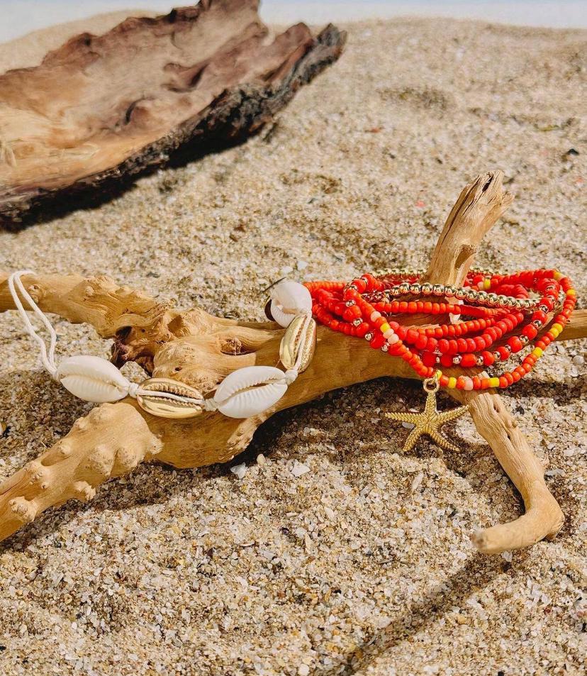 7pcs/set Simple Alloy Beaded Starfish Braided Shell Rope Anklets