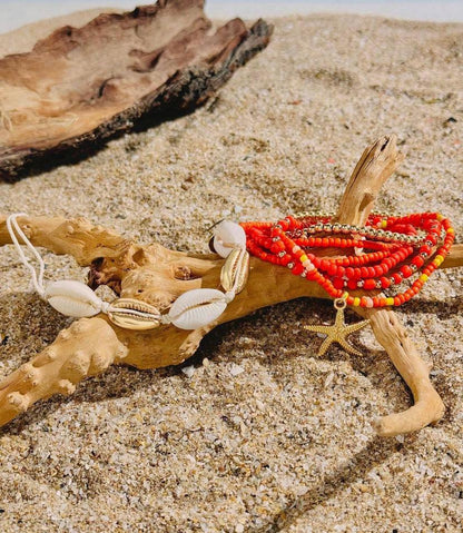 7pcs/set Simple Alloy Beaded Starfish Braided Shell Rope Anklets