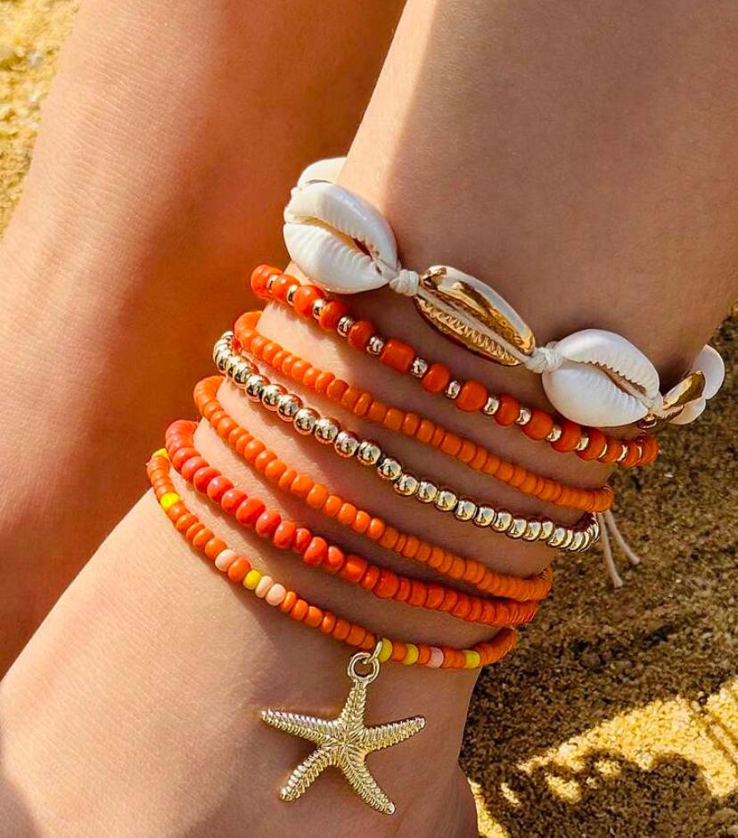 7pcs/set Simple Alloy Beaded Starfish Braided Shell Rope Anklets