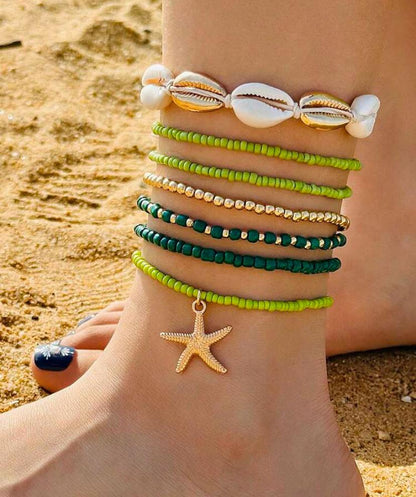 7pcs/set Simple Alloy Beaded Starfish Braided Shell Rope Anklets