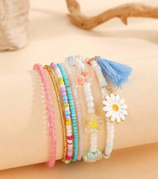 7pcs Beaded Alloy Flower & Tassel Pendant Adjustable Anklet Set
