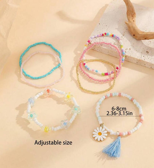 7pcs Beaded Alloy Flower & Tassel Pendant Adjustable Anklet Set