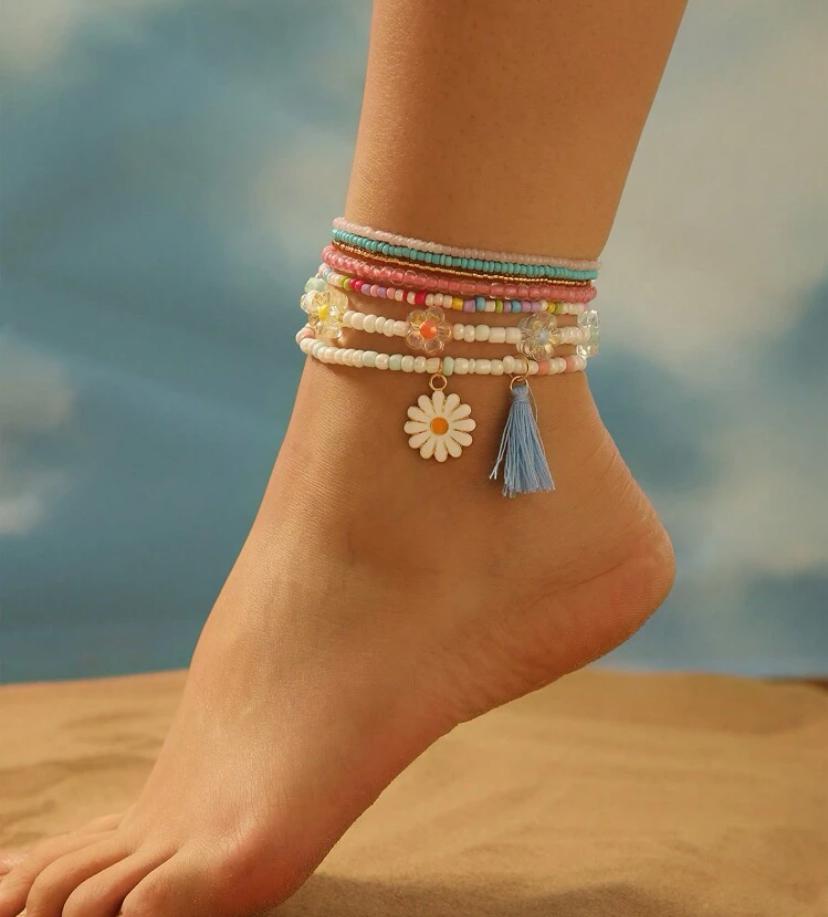 7pcs Beaded Alloy Flower & Tassel Pendant Adjustable Anklet Set