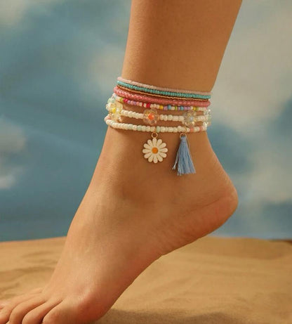 7pcs Beaded Alloy Flower & Tassel Pendant Adjustable Anklet Set
