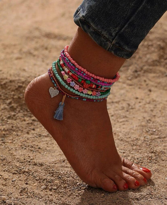 12pcs Random Heart & Tassel Charm Beaded Anklet