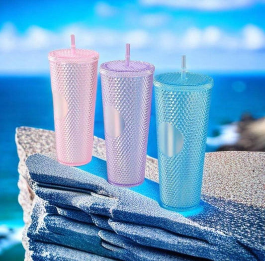 1pc, 710ml/24oz Purple Studded Tumbler with Lid and Straw