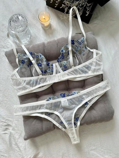 Plus Floral Embroidery Mesh Underwire Lingerie Set -- SIZE 1XL